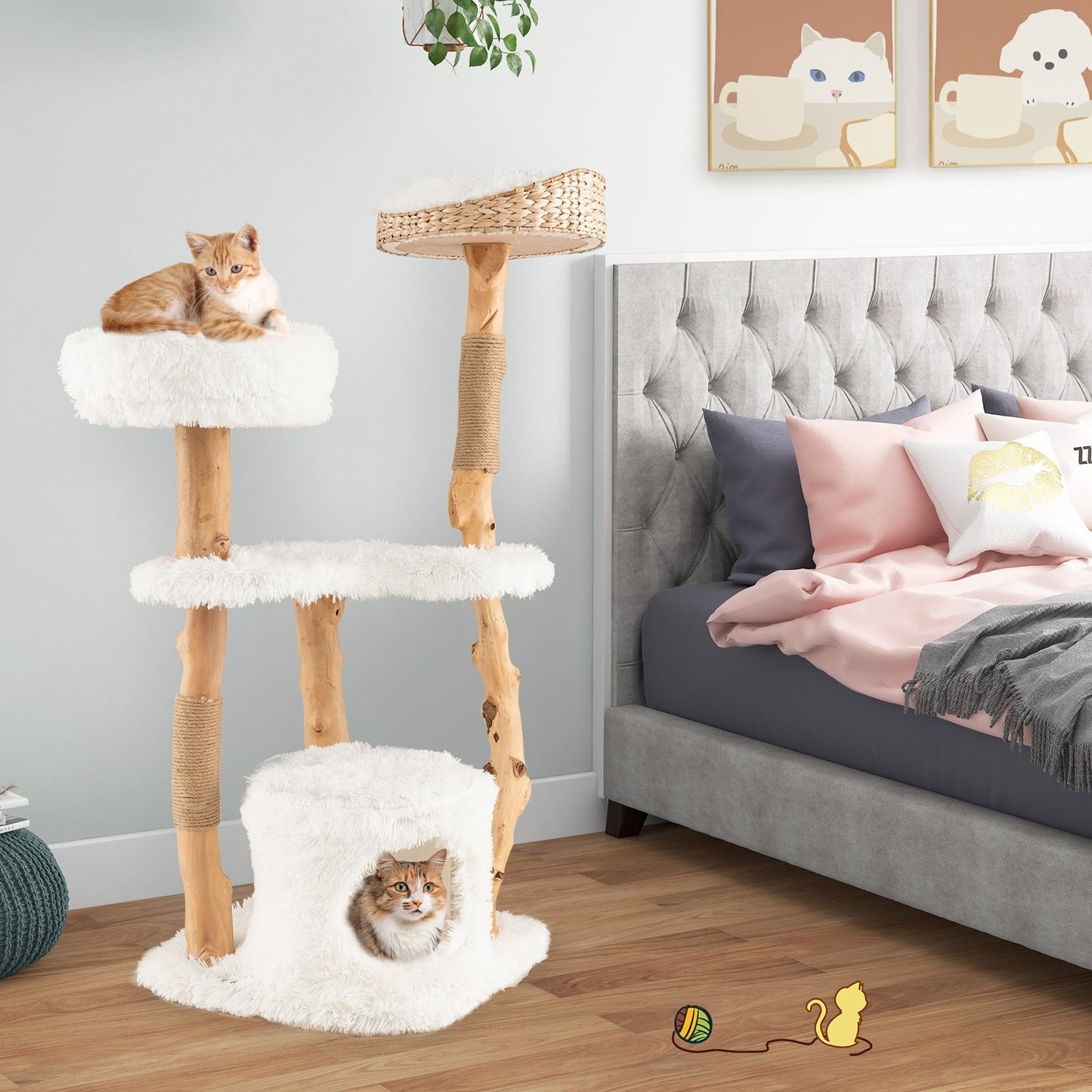 Solid Wood Cat Tower with Top Cattail Basket Cat Bed-Gray