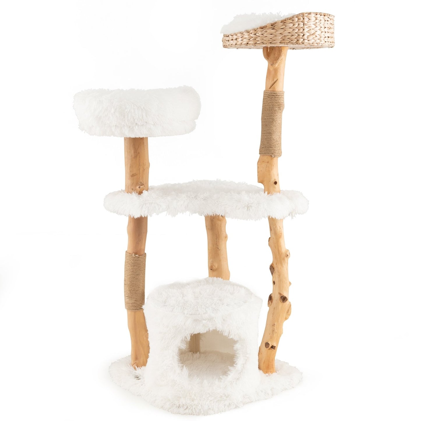 Solid Wood Cat Tower with Top Cattail Basket Cat Bed-Gray