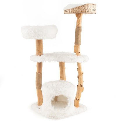 Solid Wood Cat Tower with Top Cattail Basket Cat Bed-Gray