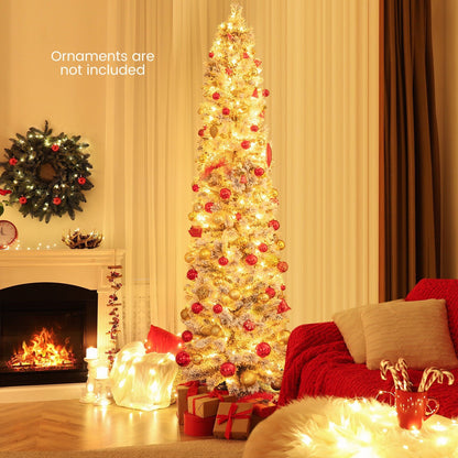 4.5/6/7 Feet Christmas Tree with 258 Branch Tips and 100 Incandescent Lights-Flocked and Slim-6 Feet