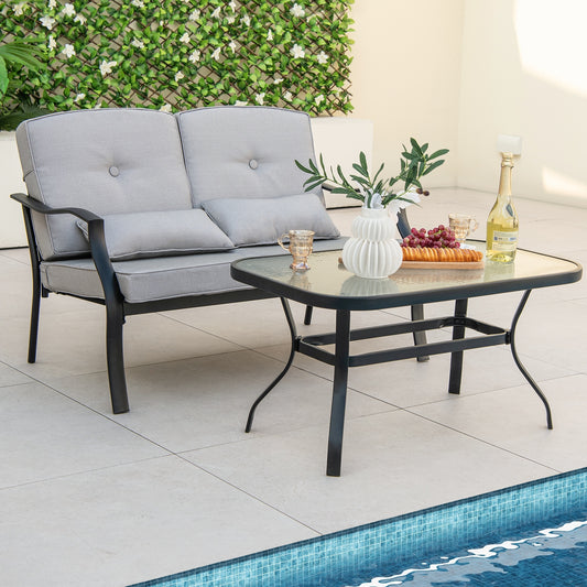 Outdoor Loveseat Chair Set with Tempered Glass Coffee Table