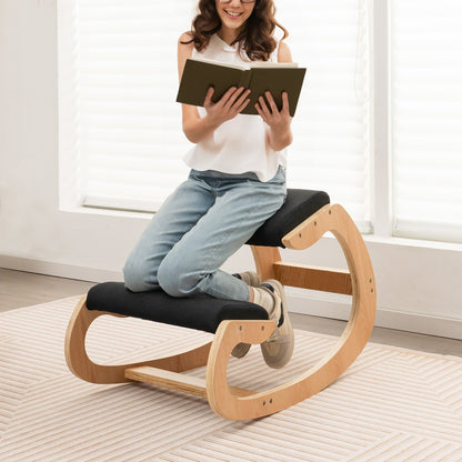 Wooden Rocking Chair with Comfortable Padded Seat Cushion and Knee Support-Beige