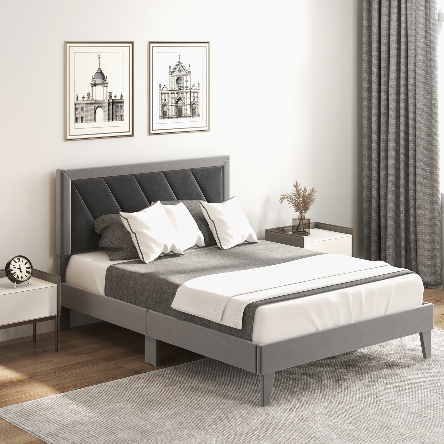 Full-size wooden platform bed with high headboard and slats, featuring a simple design in a bedroom furniture setting.