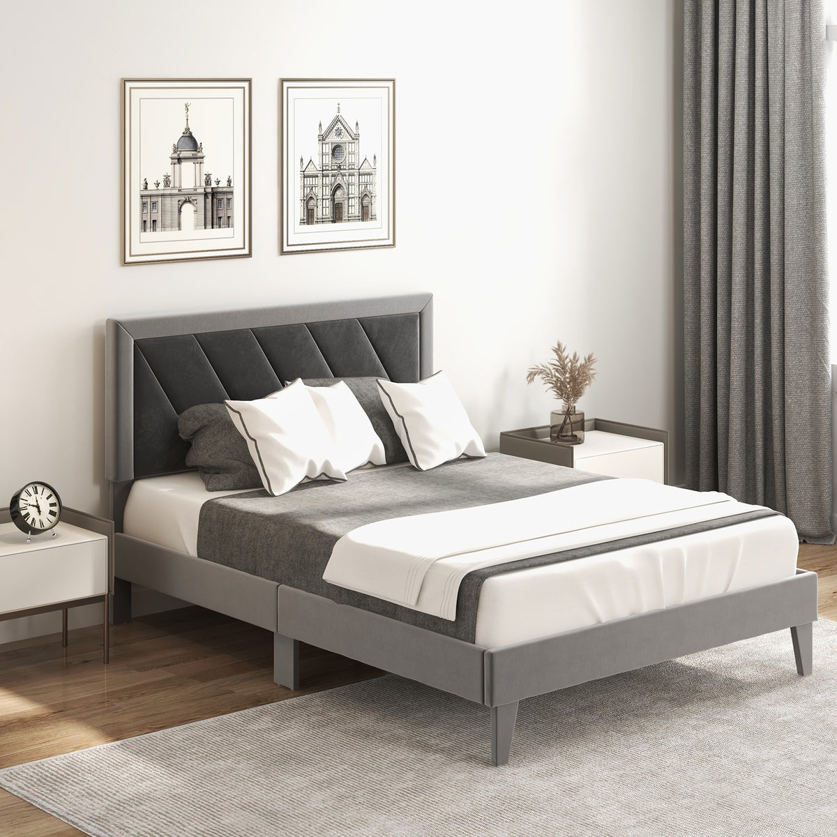 Full-size wooden platform bed with high headboard and slats, featuring a simple design in a bedroom furniture setting.