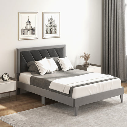 Full-size wooden platform bed with high headboard and slats, featuring a simple design in a bedroom furniture setting.