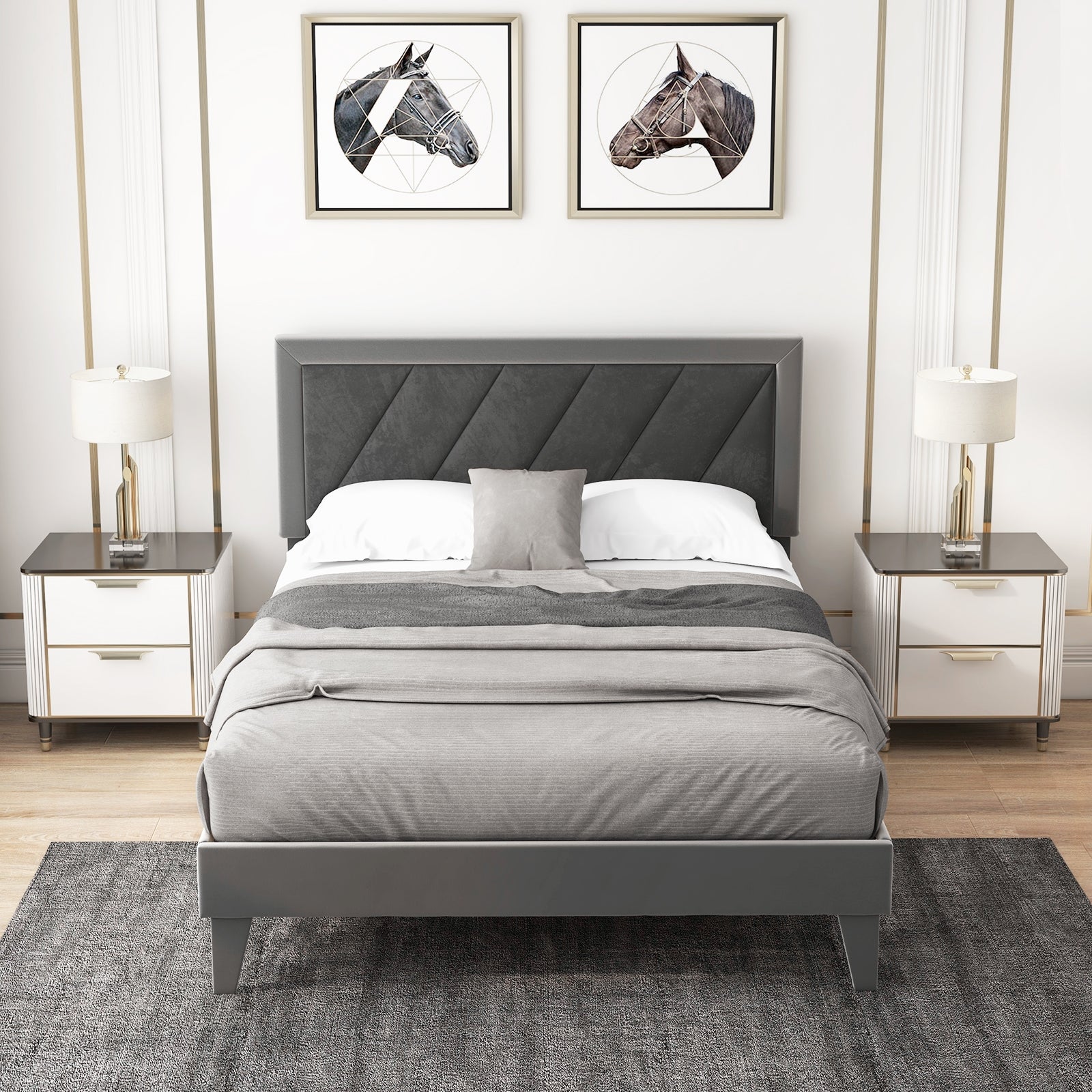 Full size platform bed with high headboard and wooden slats, modern bedroom furniture by Wilsons Home Store