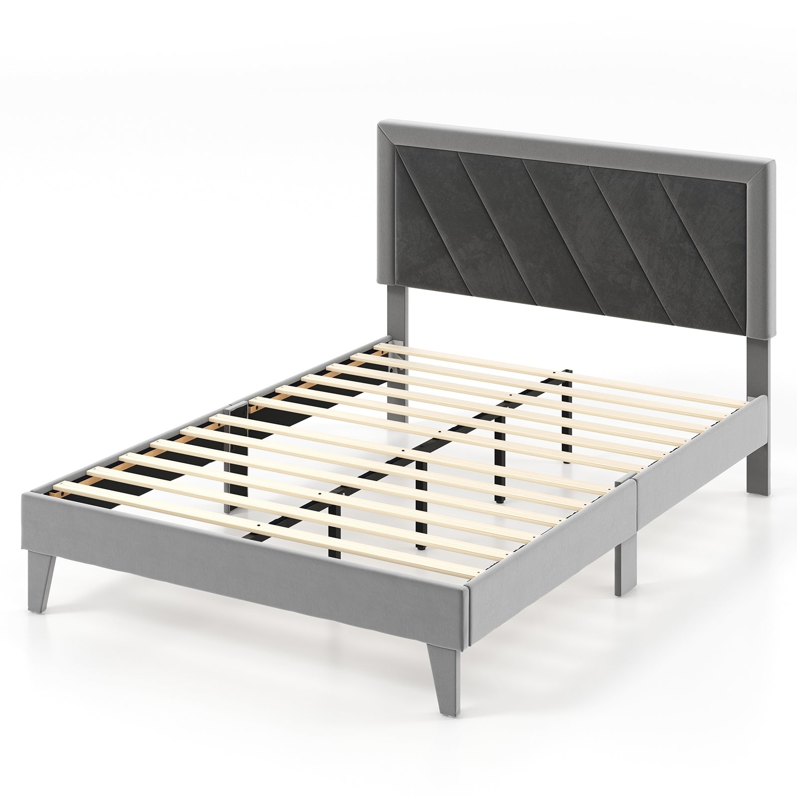 Full-size platform bed with high upholstered headboard and wooden slats, in a modern bedroom setting, by Direct by Wilsons Home Store.