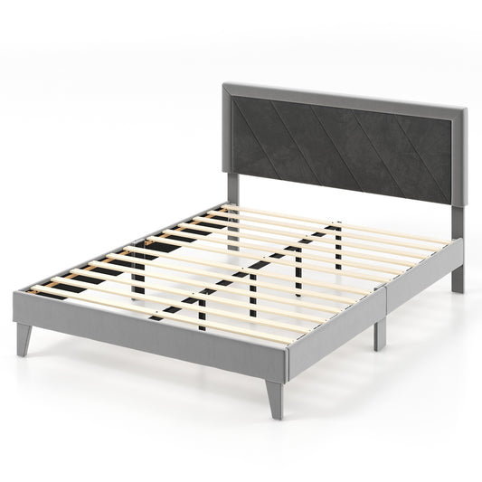 Queen size platform bed with high upholstered headboard and wooden slats, modern bedroom furniture by Wilsons Home Store