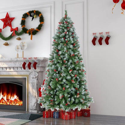 Hinged 7.5 ft Christmas tree with PVC branch tips and warm white LED lights, holiday decor by Wilsons Home Store