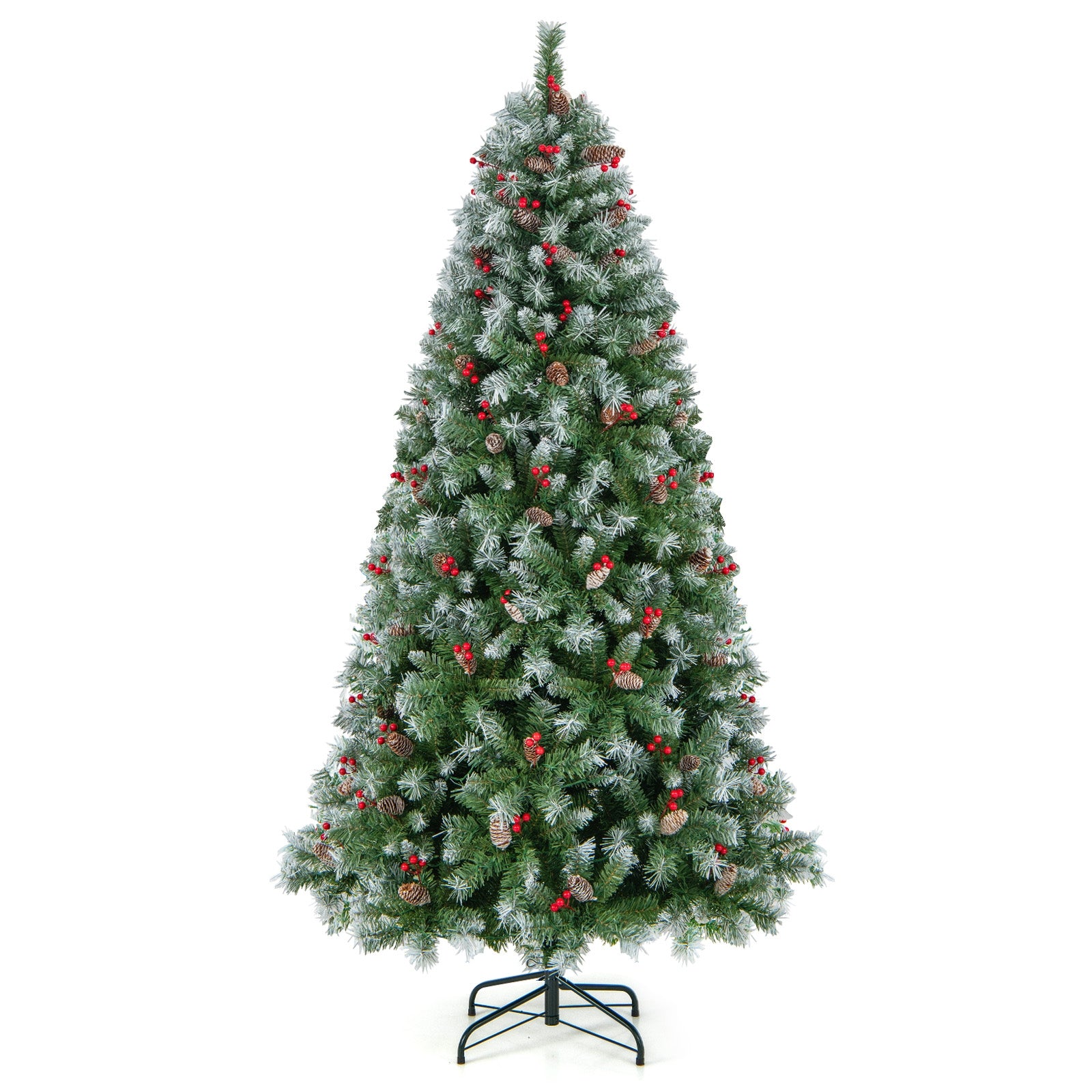 Hinged 7.5 ft Christmas tree with PVC branch tips and warm white LED lights, decorated for holiday season.