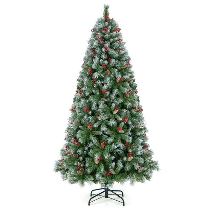 Hinged 7.5 ft Christmas tree with PVC branch tips and warm white LED lights, decorated for holiday season.