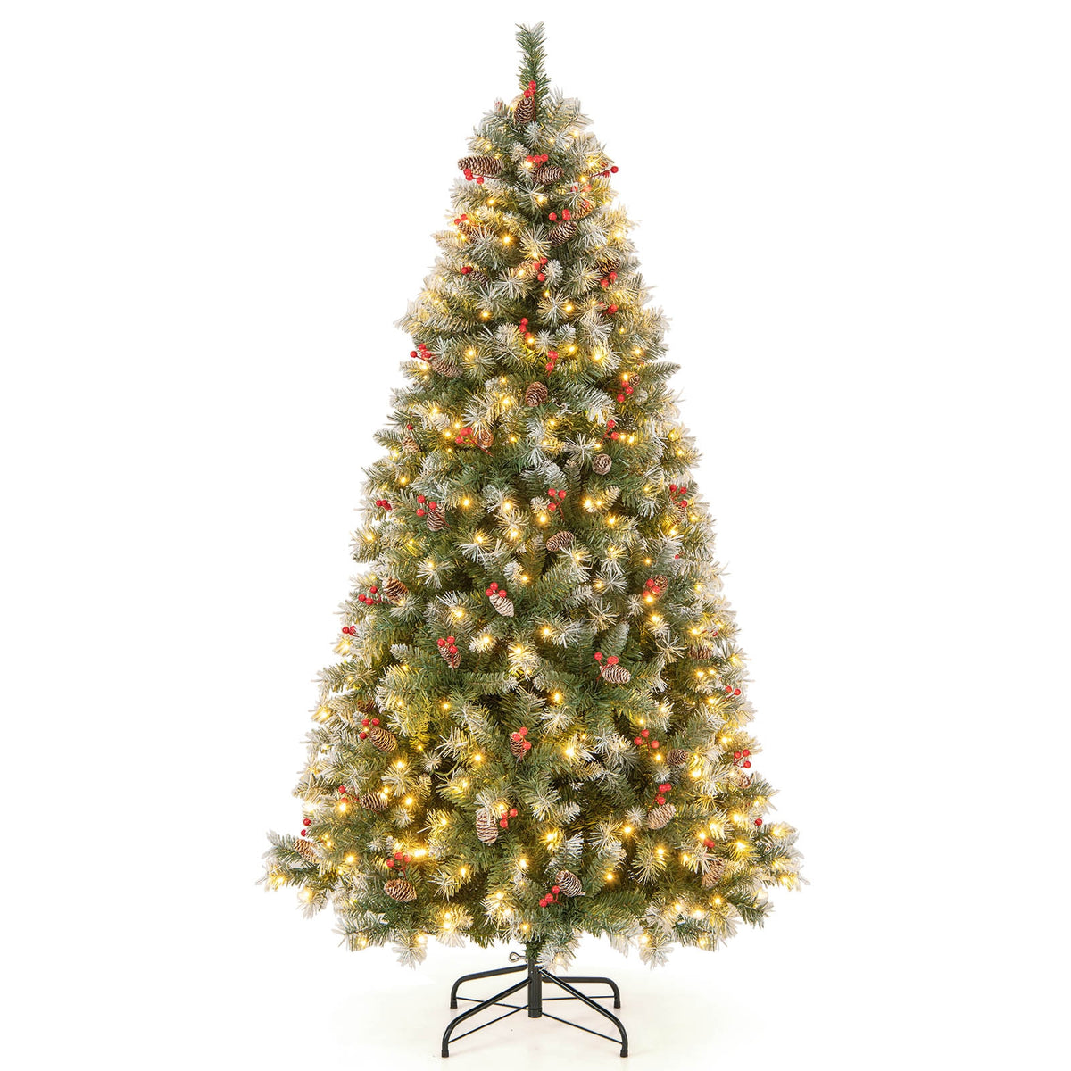 Hinged 7.5 ft Christmas tree with PVC branch tips and warm white LED lights, ideal holiday decor from Wilsons Home Store.