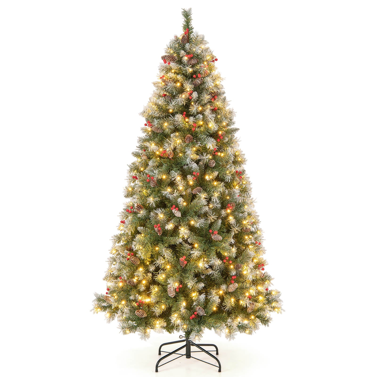Hinged 7.5 ft Christmas tree with PVC branch tips and warm white LED lights, ideal holiday decor from Wilsons Home Store.