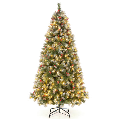 Hinged 7.5 ft Christmas tree with PVC branch tips and warm white LED lights, ideal holiday decor from Wilsons Home Store.