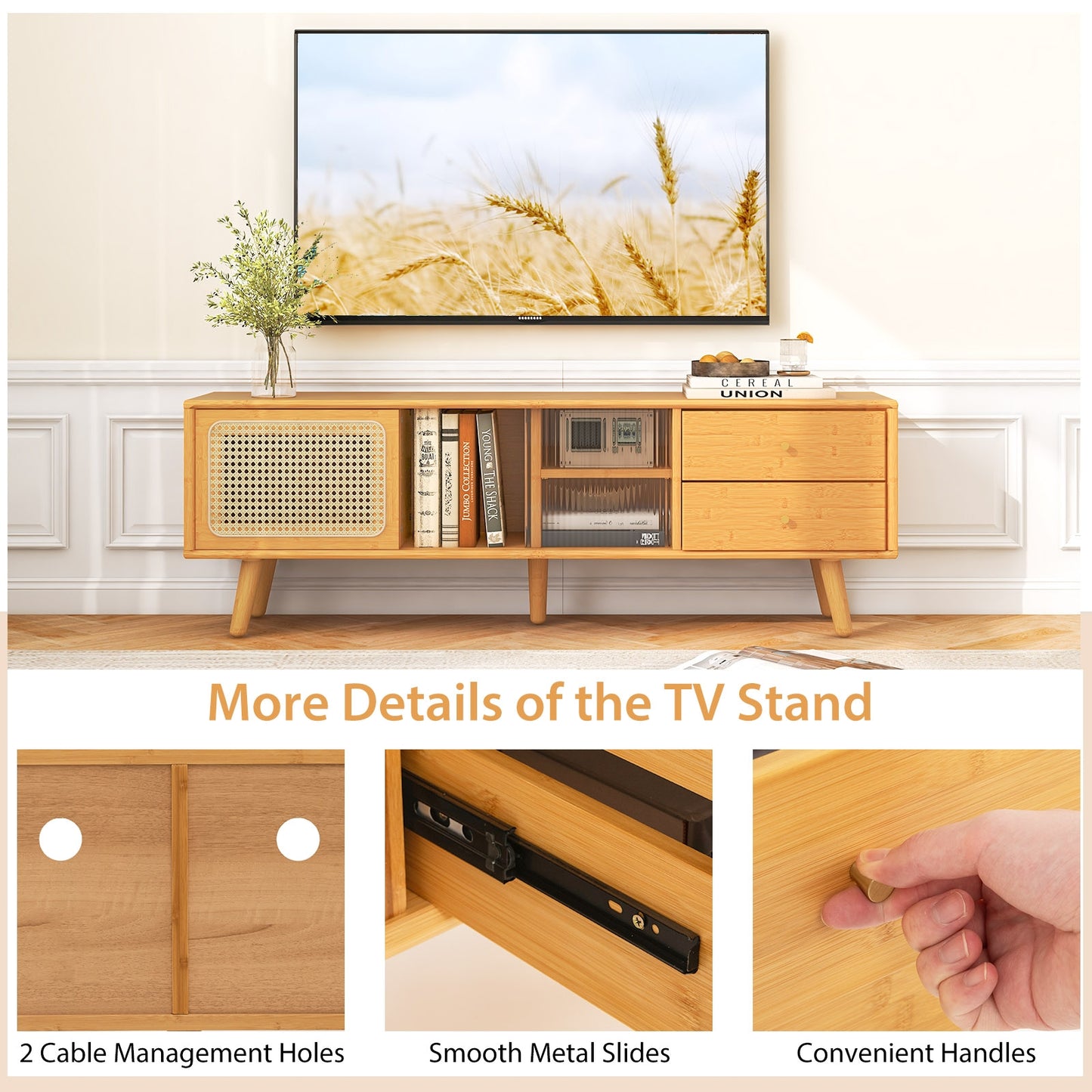 Bamboo TV Stand for TV up to 65 Inch-Natural