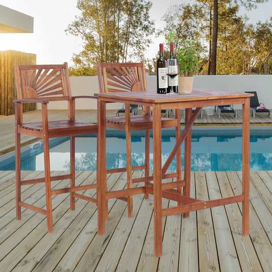 3 Pieces Acacia Wood Patio Bar Set with Sunflower Patterned Backrest