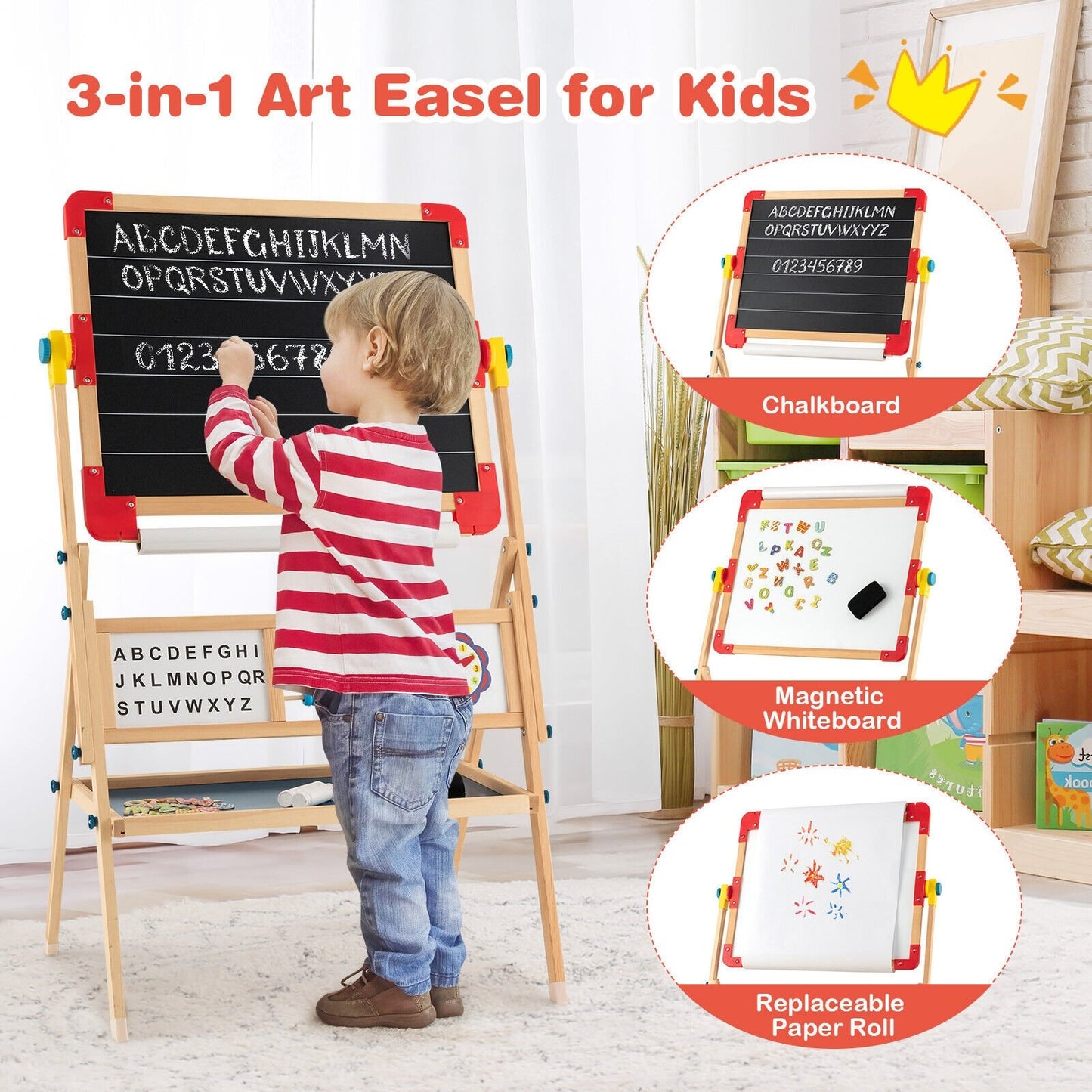 3-in-1 Wooden Art Easel for Kids with Drawing Paper Roll