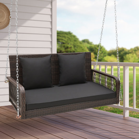 2-Person Outdoor Wicker Porch Swing with Seat and Back Cushions-Black