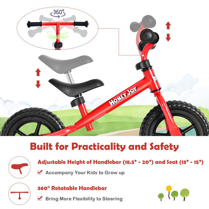 Kids No Pedal Balance Bike with Adjustable Handlebar and Seat-Red