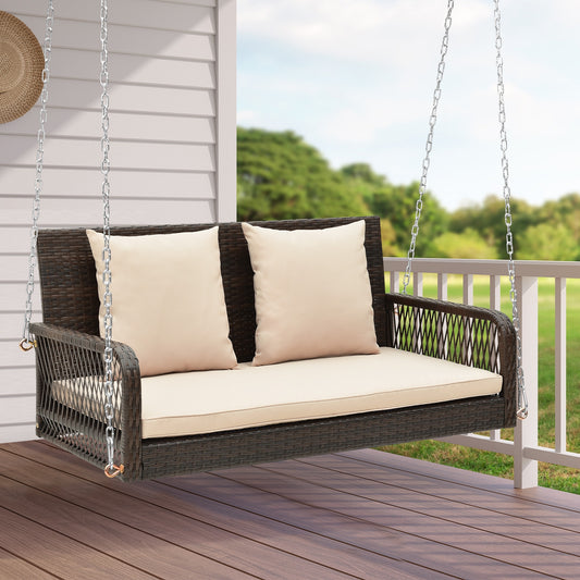 2-Person Outdoor Wicker Porch Swing with Seat and Back Cushions-Beige