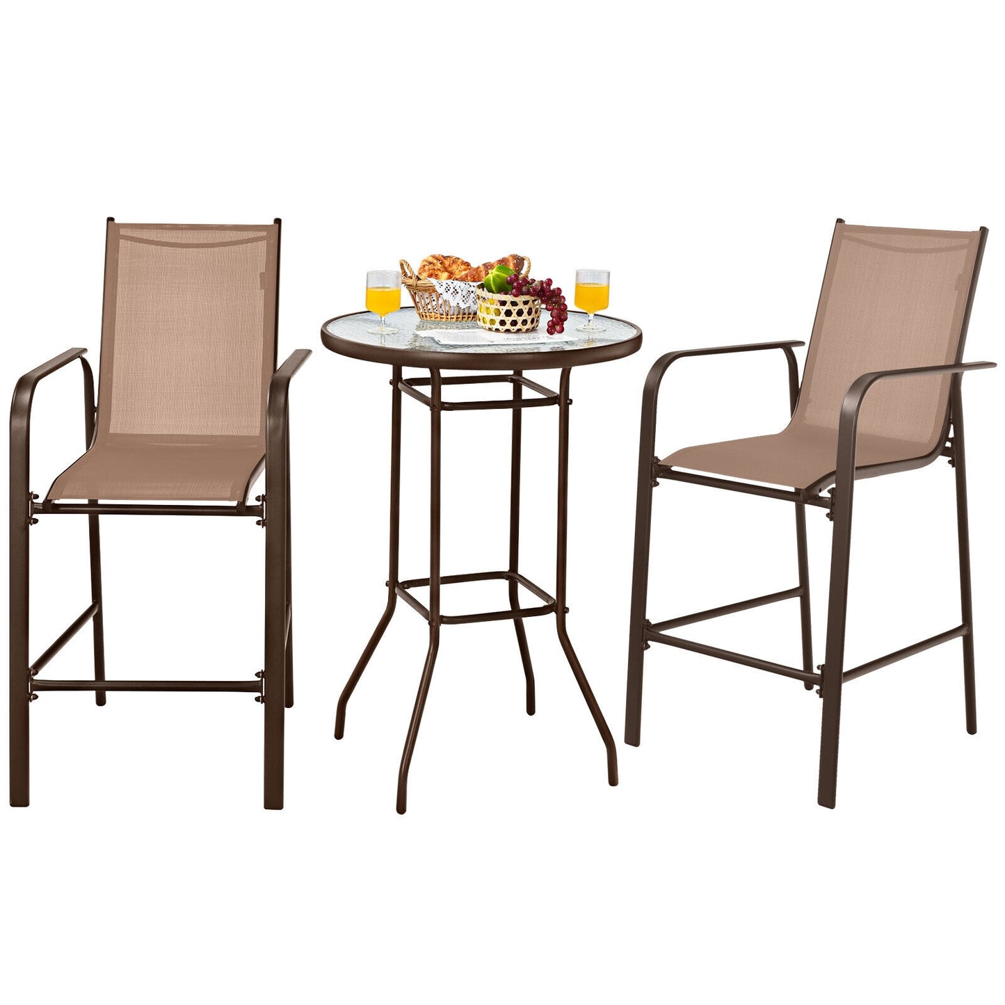 3 Pieces Outdoor Patio Bar Table Stool Set-Brown