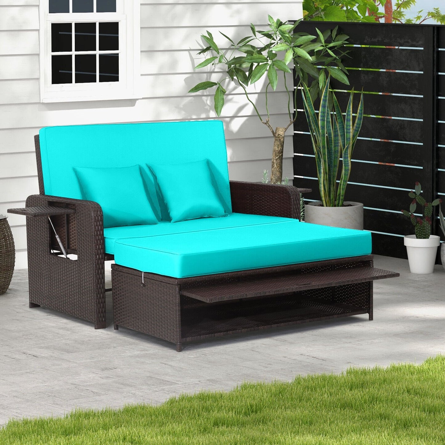 Patio Rattan Daybed with 4-Level Adjustable Backrest and Retractable Side Tray-Black