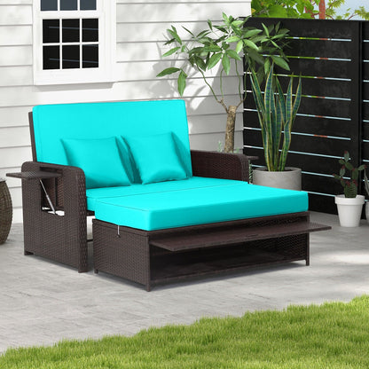 Patio Rattan Daybed with 4-Level Adjustable Backrest and Retractable Side Tray-Black