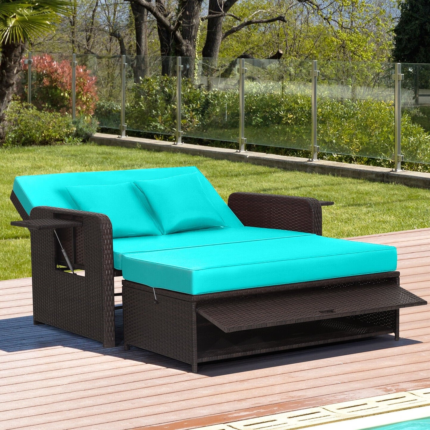 Patio Rattan Daybed with 4-Level Adjustable Backrest and Retractable Side Tray-Black