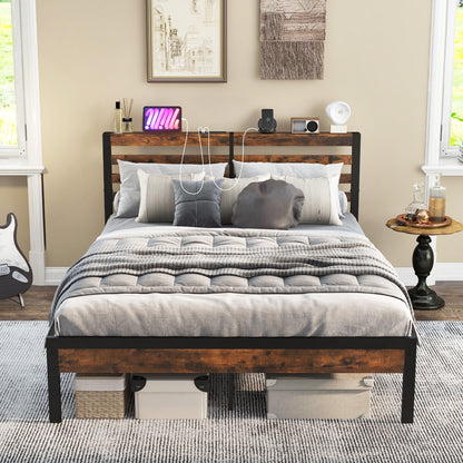 Full/Queen Size Bed Frame with Charging Station and Storage Headboard-Full Size