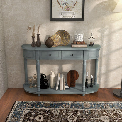 52" Retro Console Table with 2 Drawers and Open Shelf Entryway Sofa Table-Blue