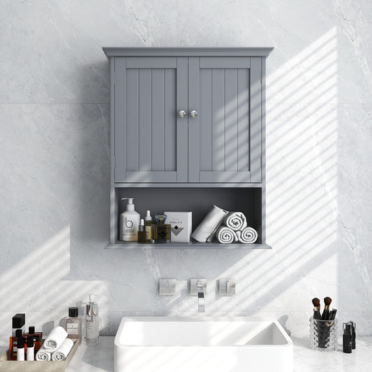 Wall Mount Bathroom Cabinet Storage Organizer with Doors and Shelves-Gray
