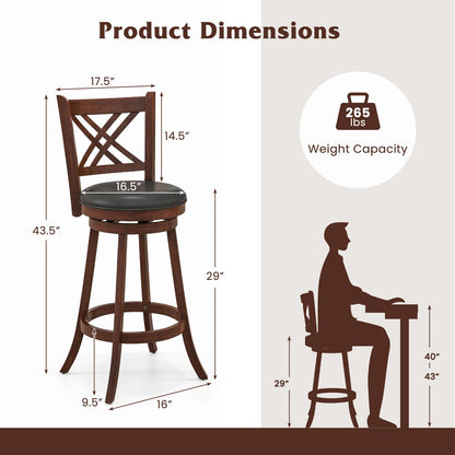360° Swivel Upholstered Barstools Set of 2 with Back and Footrest-29 inches