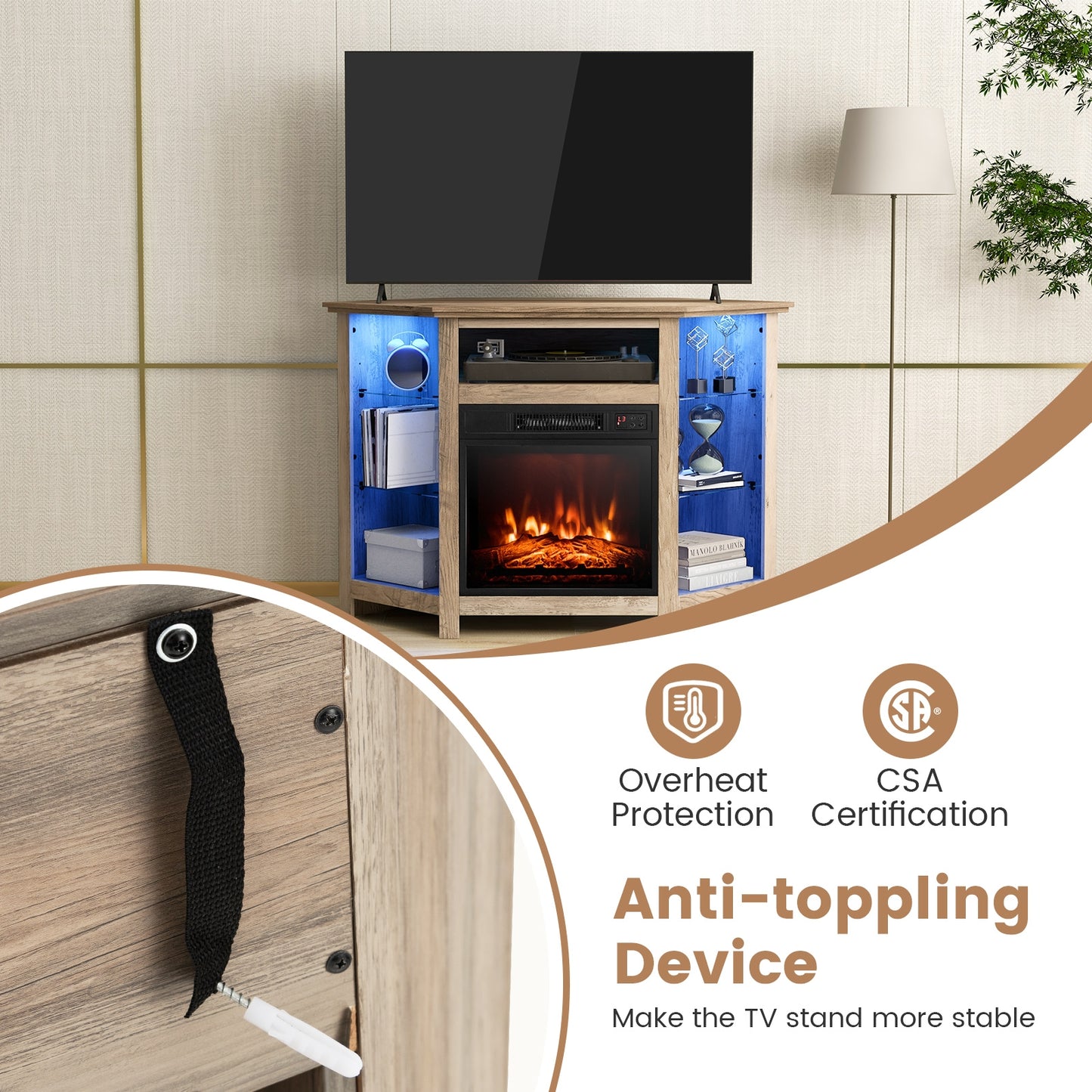 Fireplace Corner TV Stand with LED Lights and Smart APP Control for 50 Inches TV-Gray