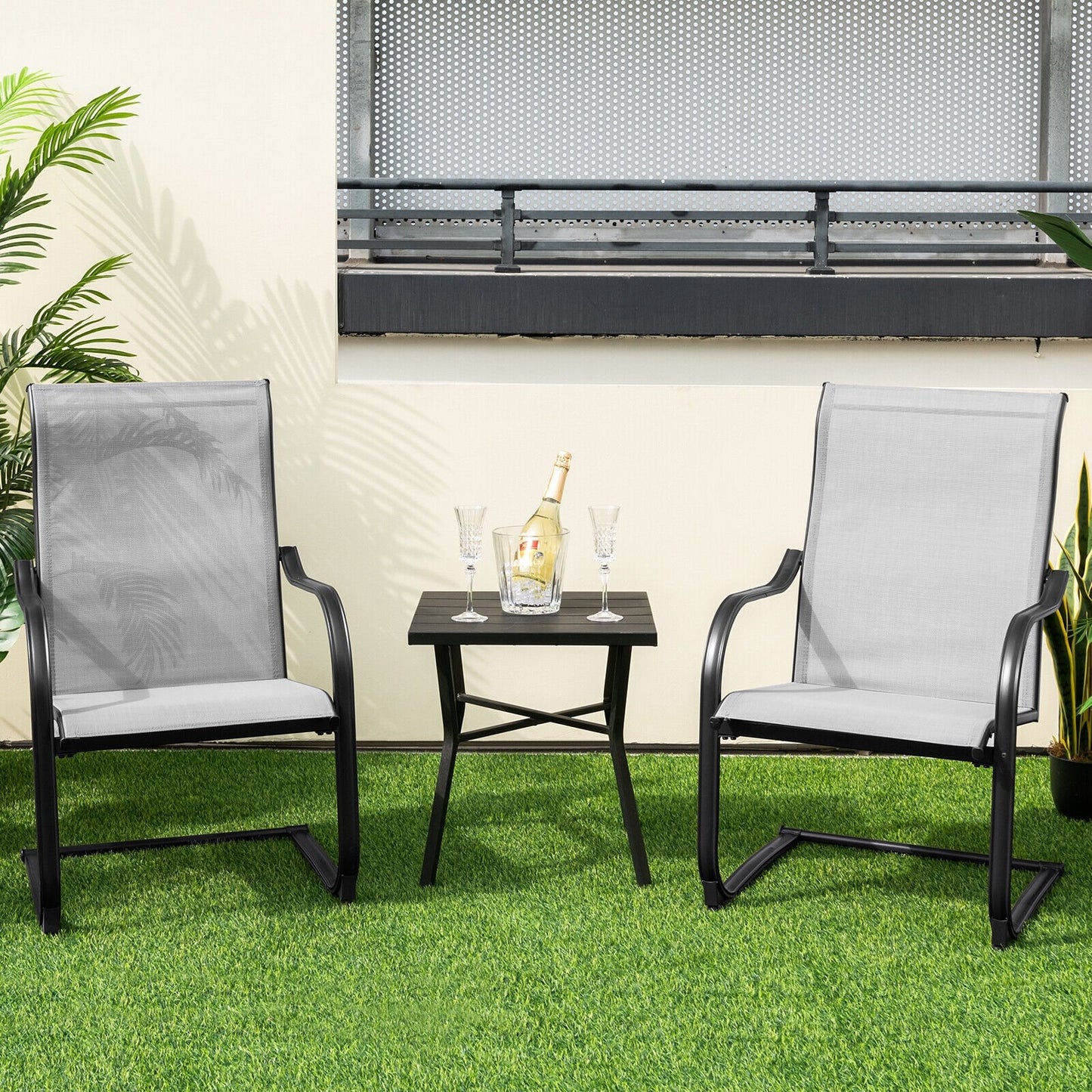 2 Pieces C-Spring Motion Patio Dining Chairs with Breathable Fabric-Black