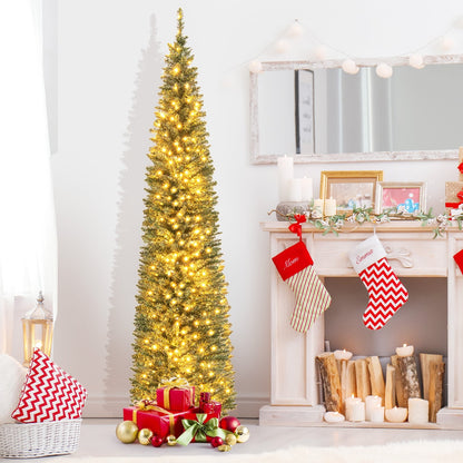 5/6/7/8/9 Feet Pre-lit Pencil Artificial Christmas Tree with 150/180/200//300/400 Warm White LED Lights-7 ft