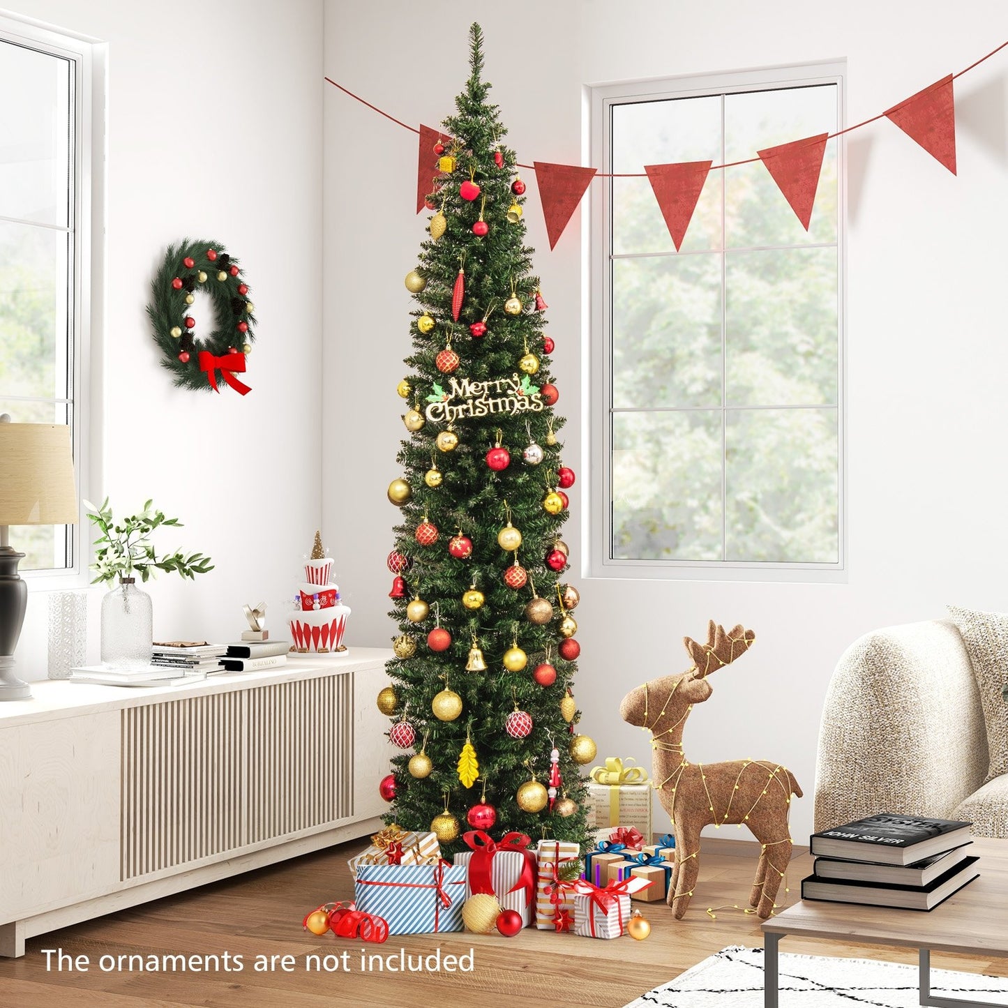 5/6/7/8/9 Feet Pre-lit Pencil Artificial Christmas Tree with 150/180/200//300/400 Warm White LED Lights-7 ft