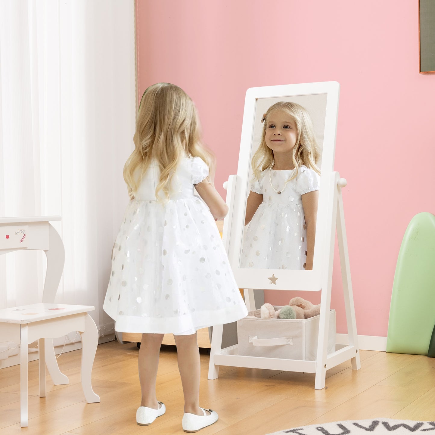 Kids Full Length Wooden Standing Mirror with Bottom Shelf and Foldable Storage Bin-White