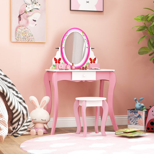 Kids Vanity Table and Stool Set with 360° Rotating Mirror and Whiteboard-Pink