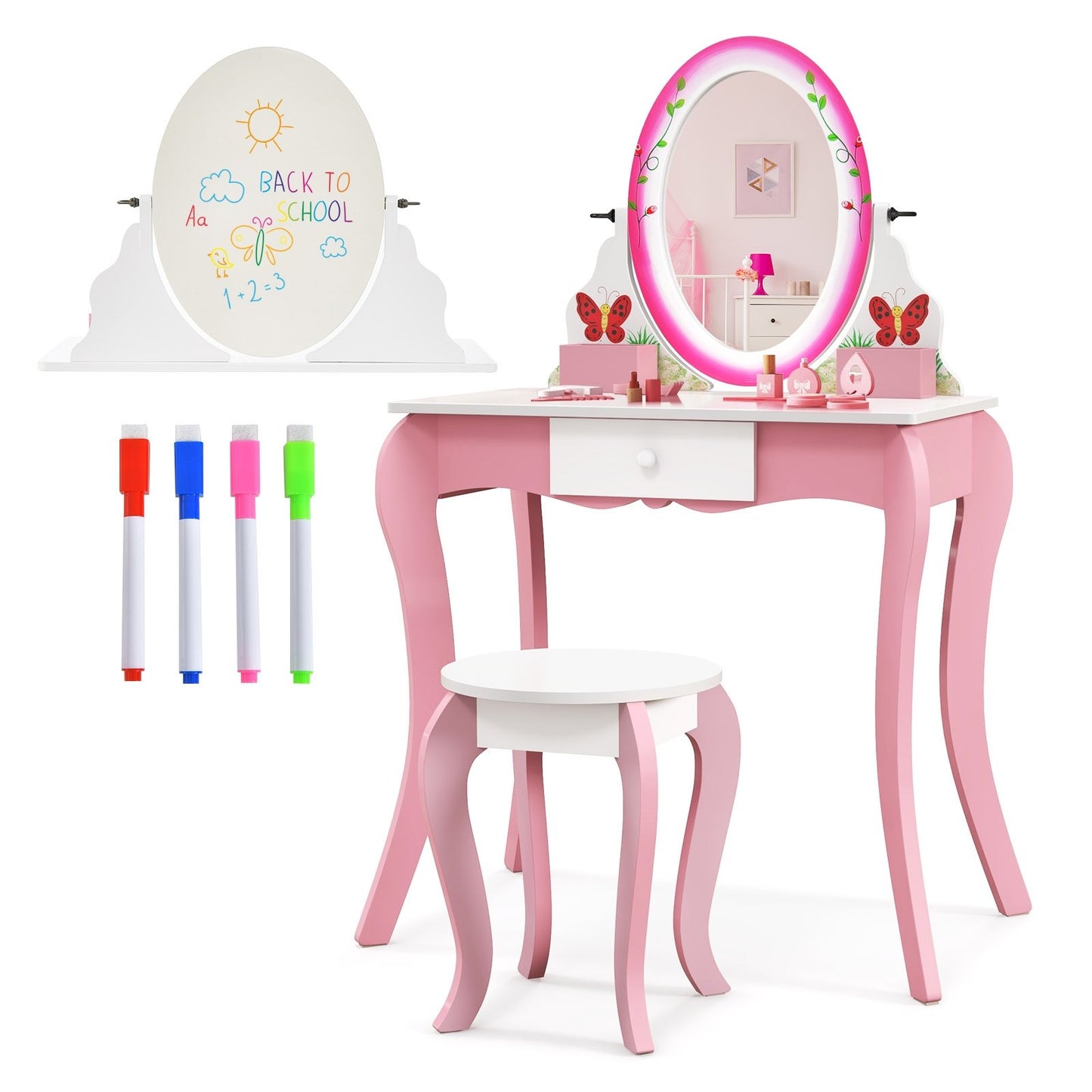 Kids Vanity Table and Stool Set with 360° Rotating Mirror and Whiteboard-Pink