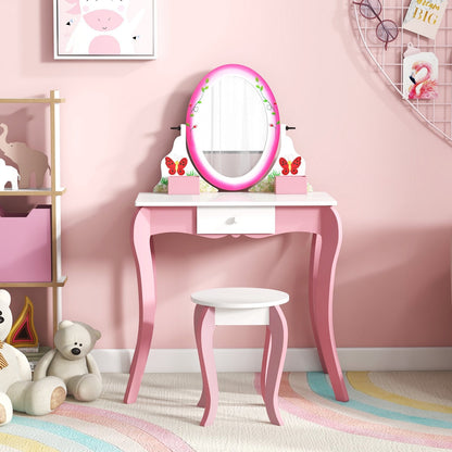 Kids Vanity Table and Stool Set with 360° Rotating Mirror and Whiteboard-Pink