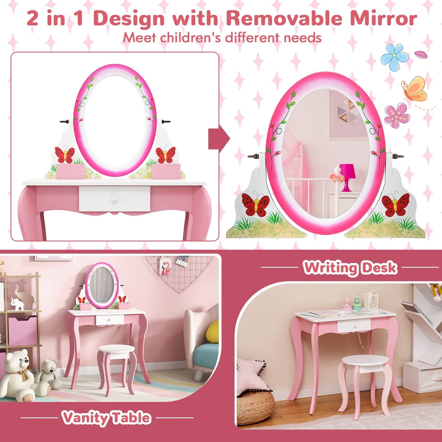 Kids Vanity Table and Stool Set with 360° Rotating Mirror and Whiteboard-Pink