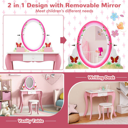 Kids Vanity Table and Stool Set with 360° Rotating Mirror and Whiteboard-Pink