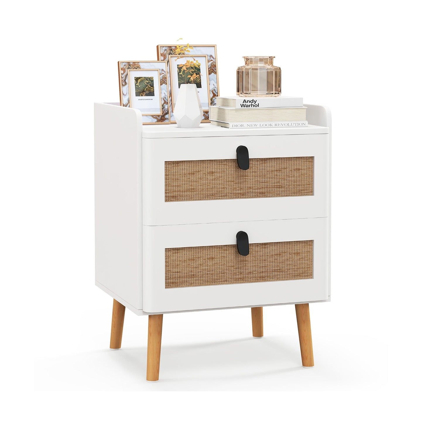 Modern End Table Bedside Table with 2 Rattan Decorated Drawers-Natural