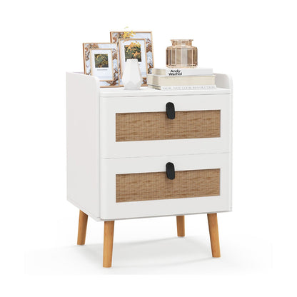 Modern End Table Bedside Table with 2 Rattan Decorated Drawers-Natural