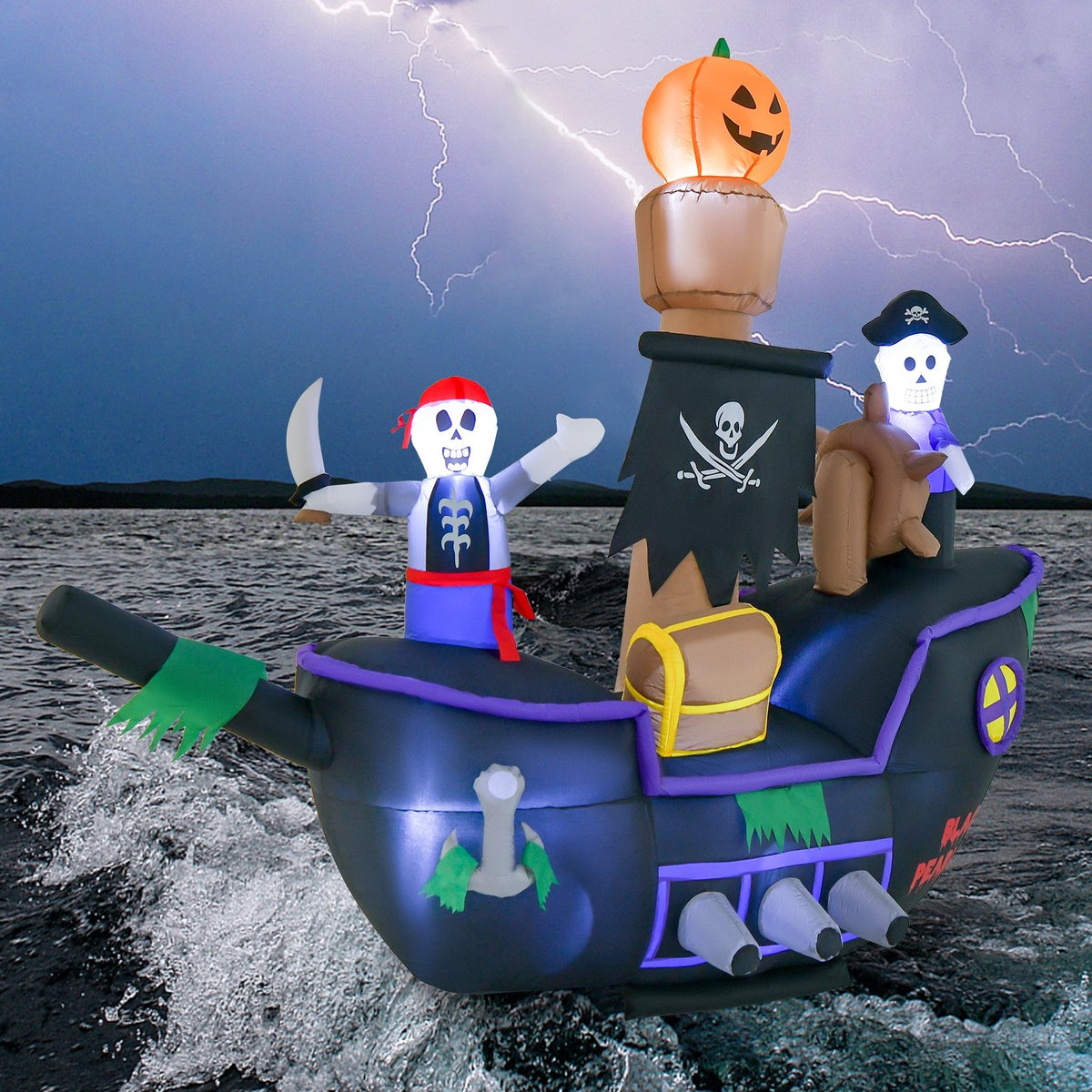 7-foot Halloween inflatable pirate ship with LED lights and blower, holiday decor for spooky festivities, by Direct by Wilsons Home Store