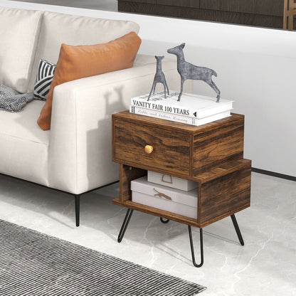 Set of 2 walnut 2-tier wooden nightstands with elevated metal feet, modern bedroom furniture by Wilsons Home Store