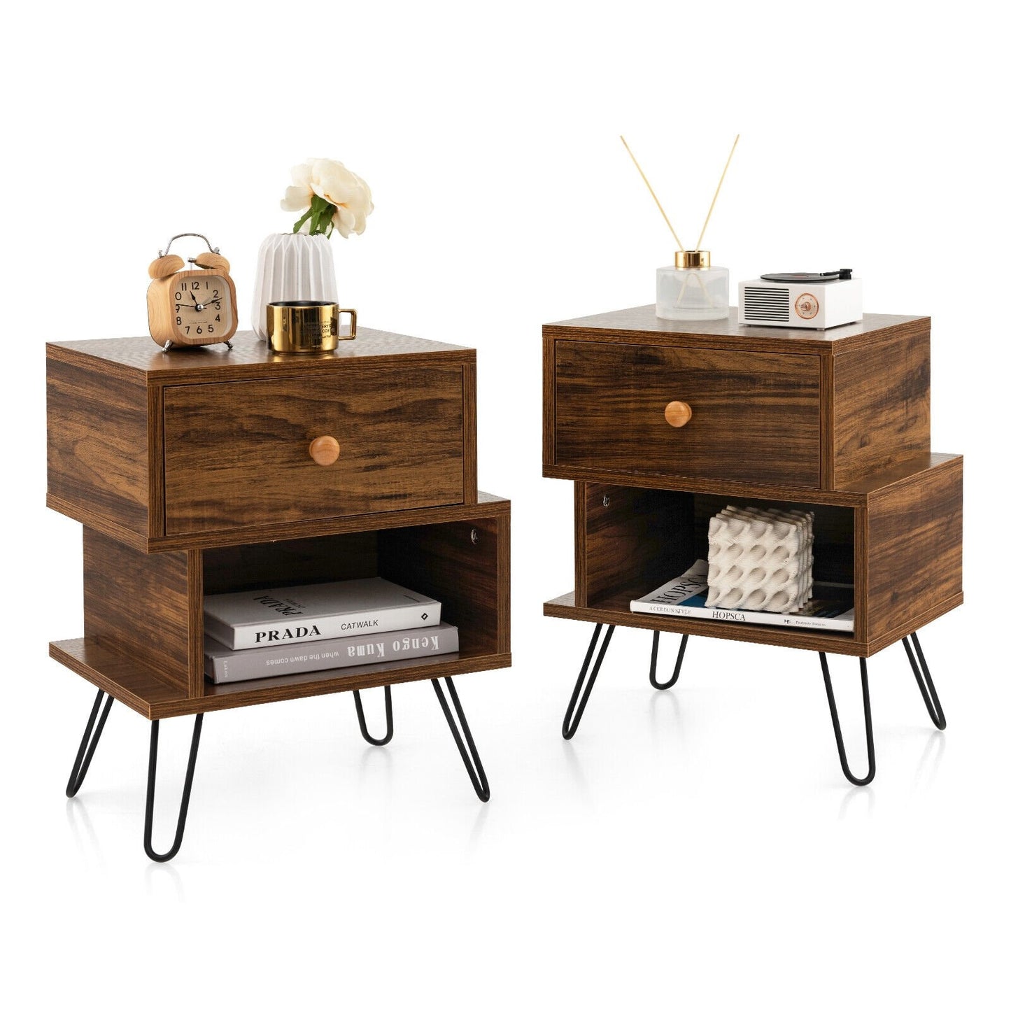 Set of 2 walnut wooden nightstands with 2 tiers and elevated metal feet, modern bedroom furniture by Wilsons Home Store