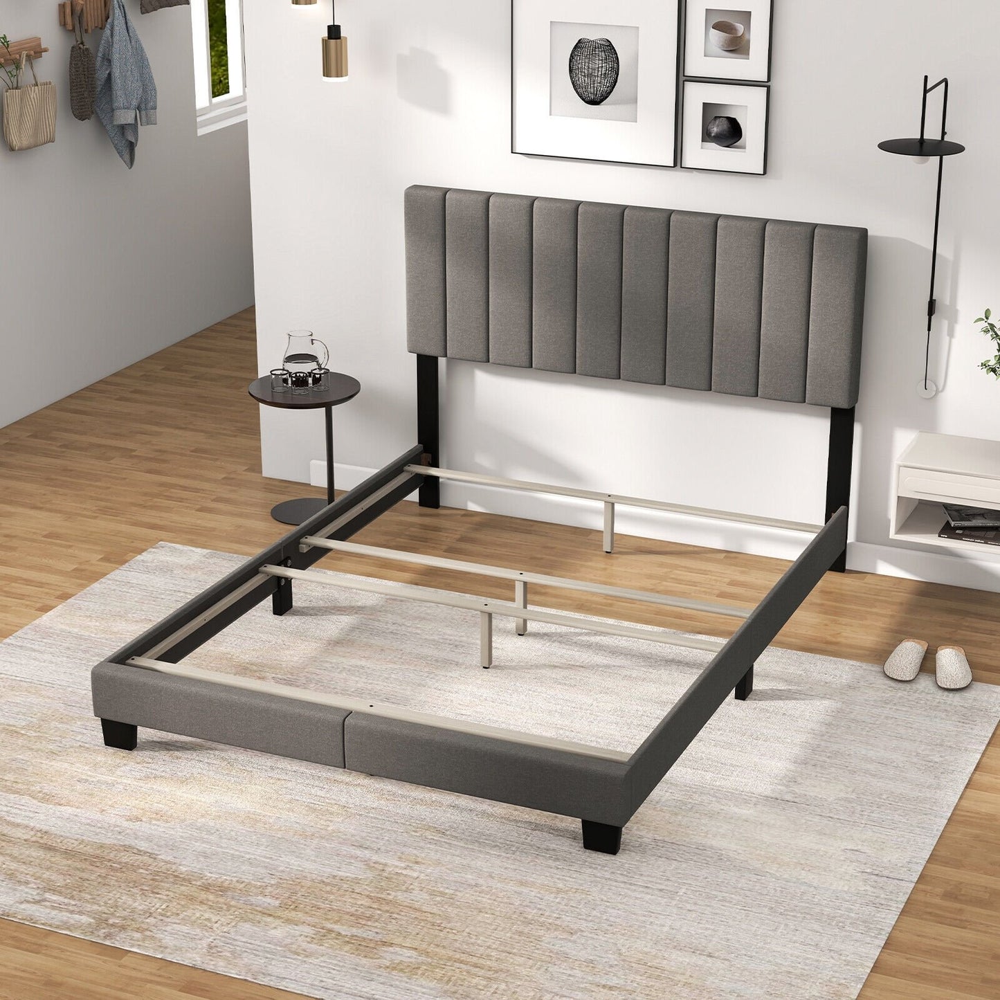 Queen Size Upholstered Bed Frame with Vertical Channel Tufted Headboard Gray