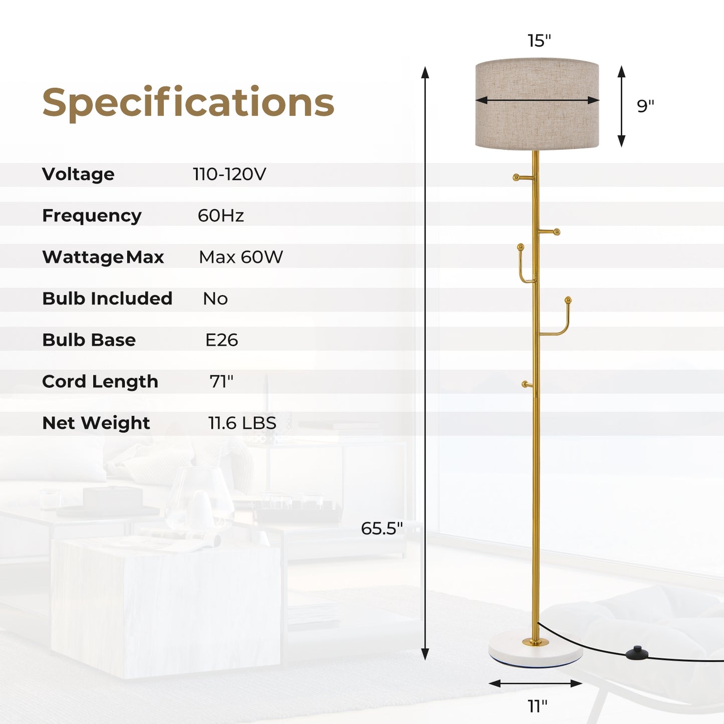 Freestanding Tall Pole Lamp with 5 Hooks and Sturdy Weighted Base