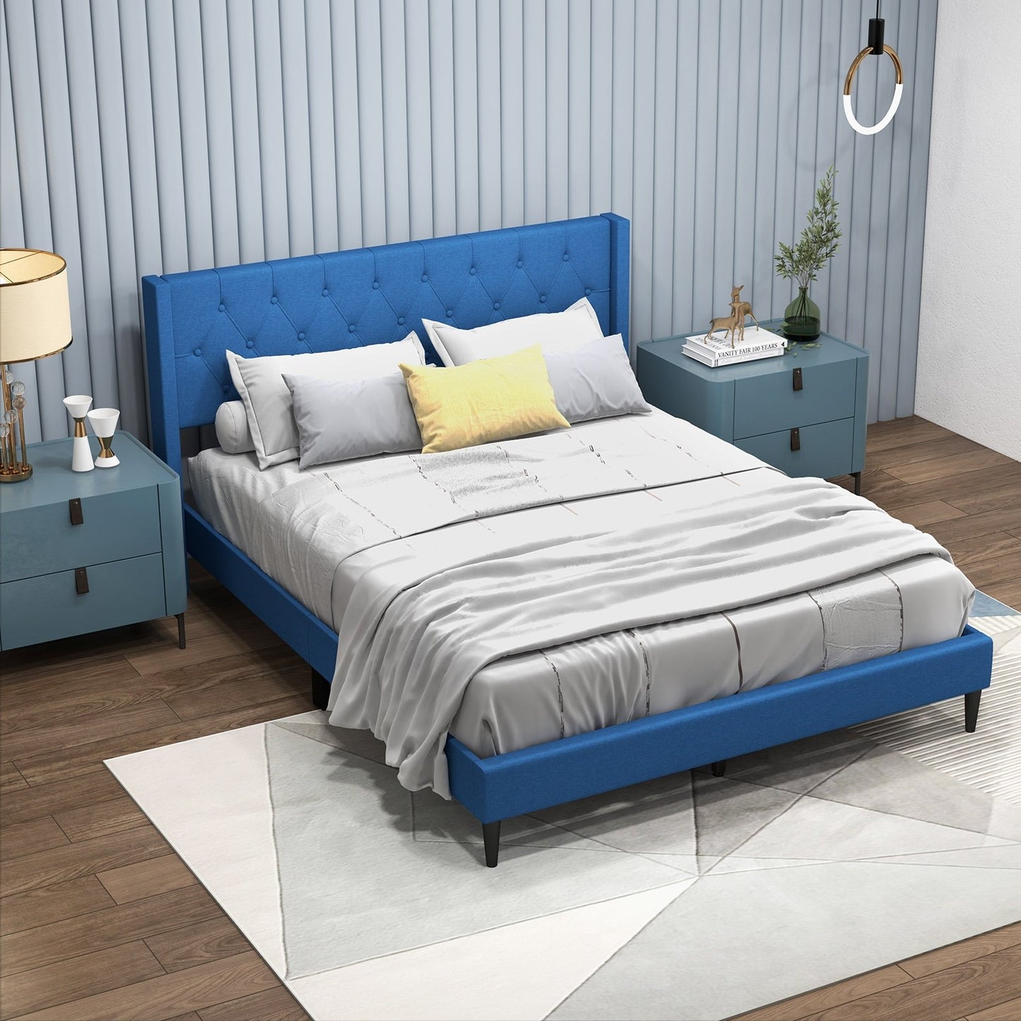 Queen Size Upholstered Platform Bed with Button Tufted Wingback Headboard-Blue